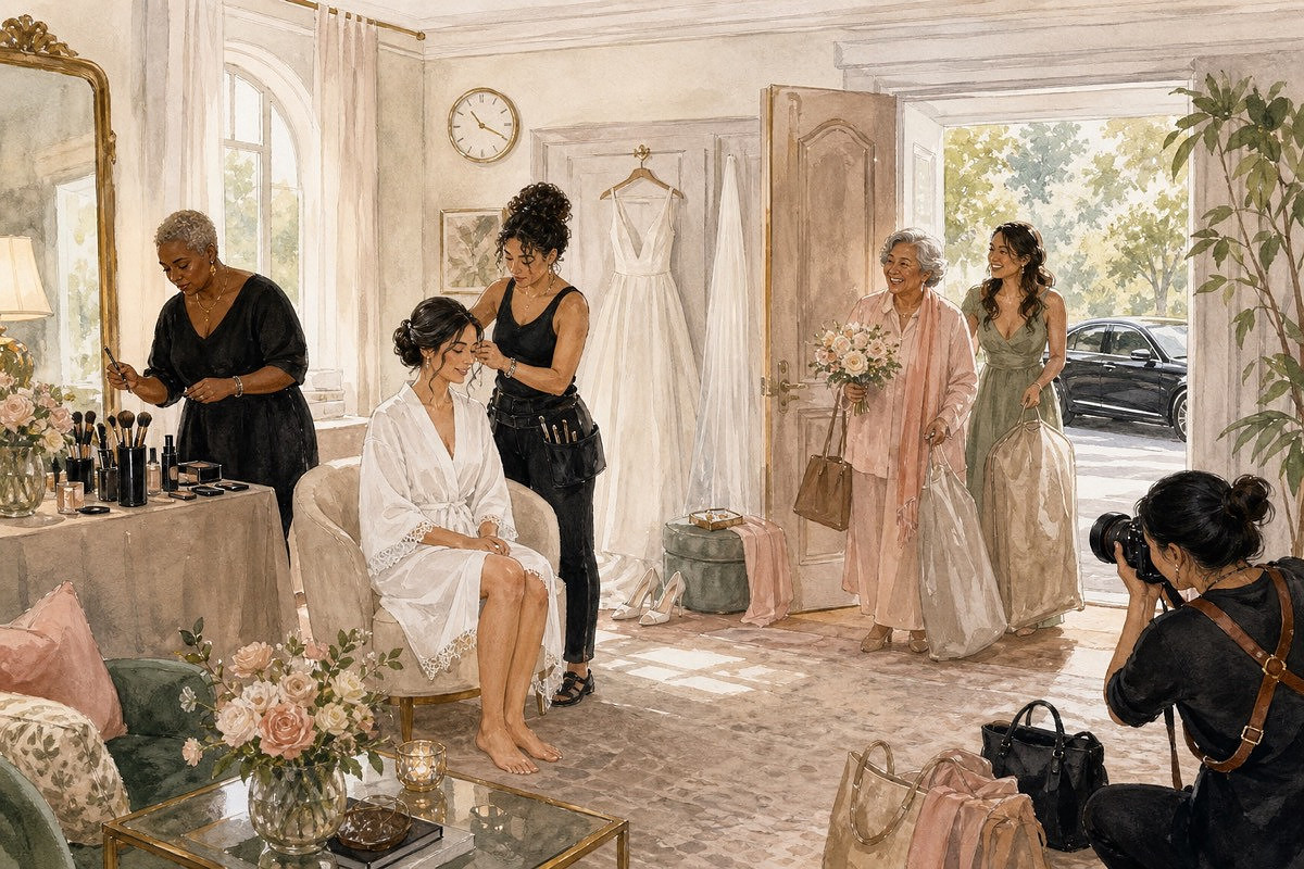 Watercolor editorial illustration of a bride getting ready while family, a photographer, beauty artists, and transportation move through the wedding morning.